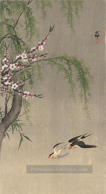 deux hirondelles de Grange dans la branche de saule de vol et cerise fleurissante au dessus des oiseaux d’Ohara KOSON Peintures à l'huile